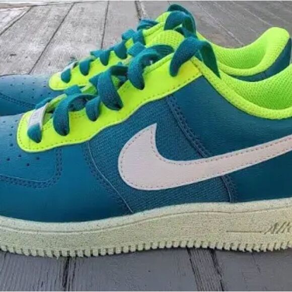 2022 Nike Kids Air Force 1 Shoes - Teal and Neon Yellow Unisex Size 4.5 - Picture 3 of 8